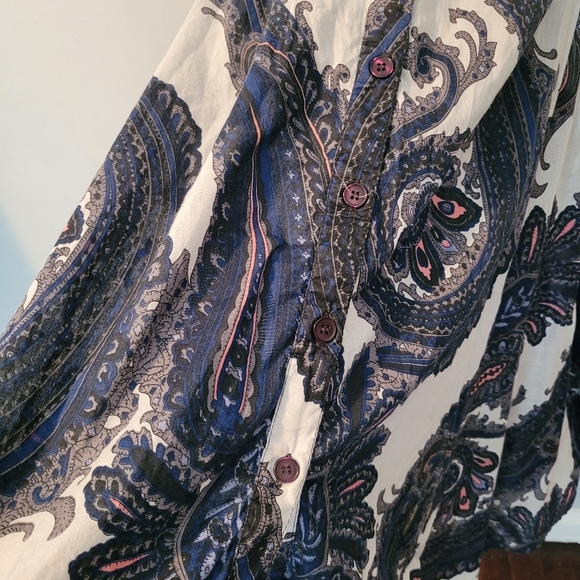 Chelsea & Theodore Wmns 1X Cotton Paisley Blue White Pink Midi Dress Button-up - Picture 11 of 13